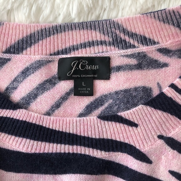 J. CREW • Like New 100% Cashmere Pink and Navy Zebra Striped Pullover Sweater - Picture 2 of 14